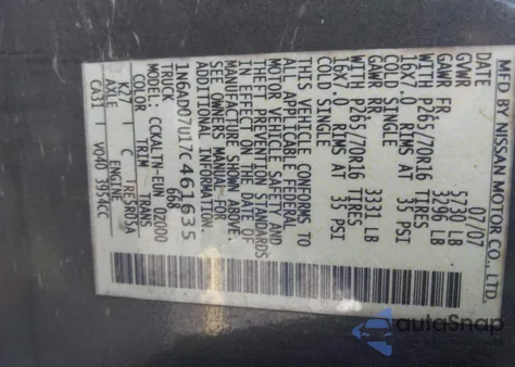 2007 Nissan Frontier Se из США, поврежденный, VIN 1N6AD07U17C461635